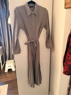 Zara Long Sleeve Pleated Shirt Dress in Taupe